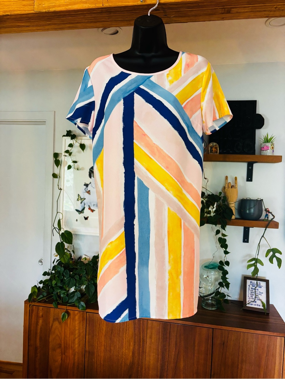 Vibrant Abstract Stripe Mini Dress Pink Blue Yellow